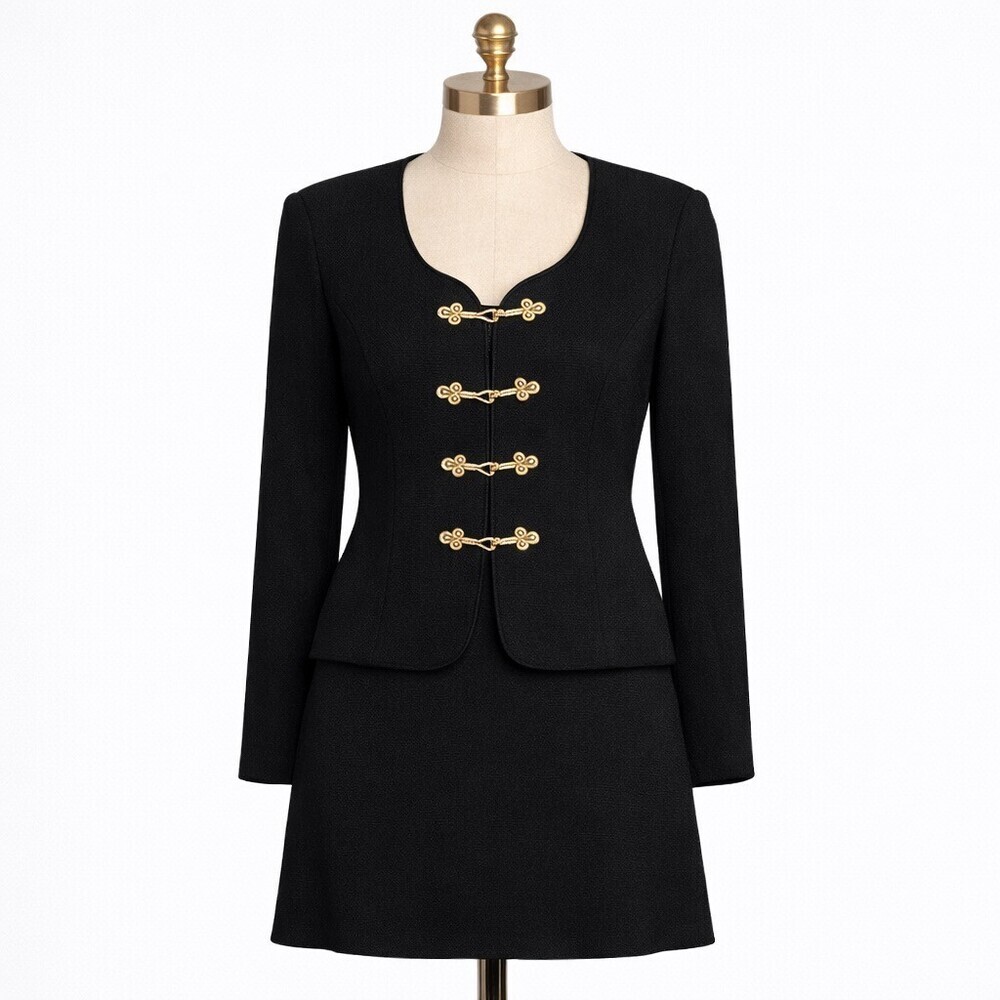 St. John Evening Santana Knit Suit Jacket Skirt Black Gold Frog Closure size 10 - Picture 2 of 14